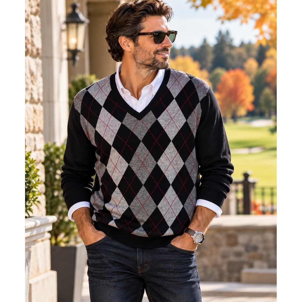 Michael Kors Mens XL V-Neck Argyle Sweater Black Gray Red Knit Pullover